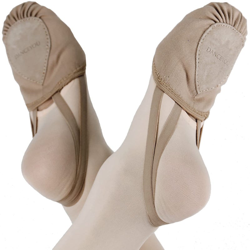 DANCE YOU DANCEYOU Stretch Canvas Lyrical Shoes for Girls Womens Half Soles Pirouette Contemporary Turners Dance Shoes, Tan, M - Image 2