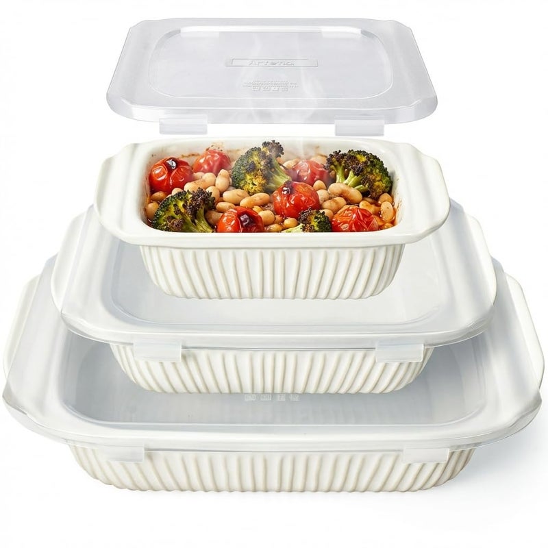 Artena Casserole Dishes For Oven, Ceramic Baking Dish, Large Lasagna Pan With Handles, Baking Pan Casserole Dish, Rectangular Bakeware Deep, White, Set Of 3 (5.1Qt/2.3Qt/1.1Qt) (Baking Dish With Lids) - Image 1