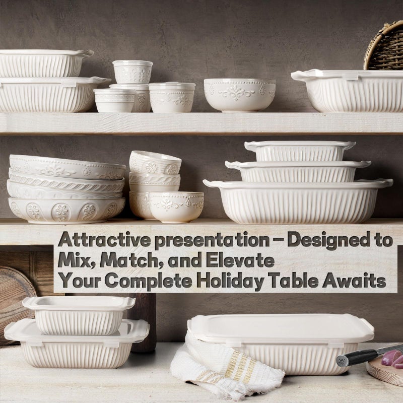 Artena Casserole Dishes For Oven, Ceramic Baking Dish, Large Lasagna Pan With Handles, Baking Pan Casserole Dish, Rectangular Bakeware Deep, White, Set Of 3 (5.1Qt/2.3Qt/1.1Qt) (Baking Dish With Lids) - Image 5