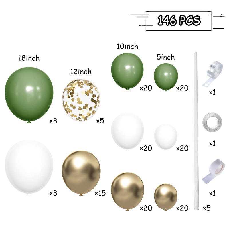 MEBAY Green White Gold Balloon Arch Kit, 146Pcs Avocado Green Metallic Chrome Gold Confetti and White Latex Balloons for Wedding Birthday Baby Shower Decoration - Image 2