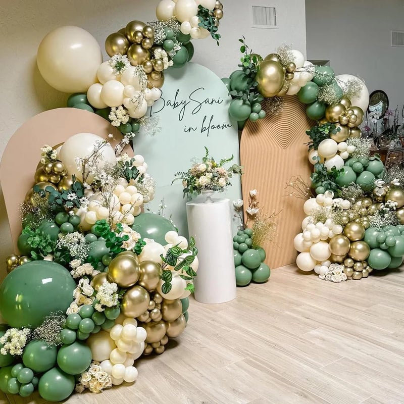 MEBAY Green White Gold Balloon Arch Kit, 146Pcs Avocado Green Metallic Chrome Gold Confetti and White Latex Balloons for Wedding Birthday Baby Shower Decoration - Image 4