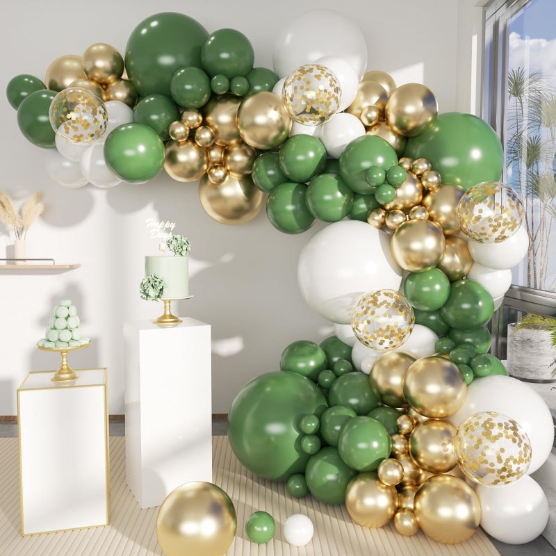 MEBAY Green White Gold Balloon Arch Kit, 146Pcs Avocado Green Metallic Chrome Gold Confetti and White Latex Balloons for Wedding Birthday Baby Shower Decoration - Image 1