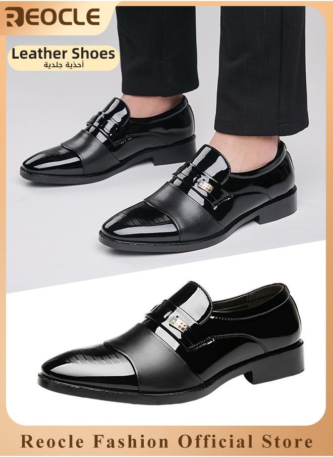 REOCLE Men's Leather Shoes Patent Loafers