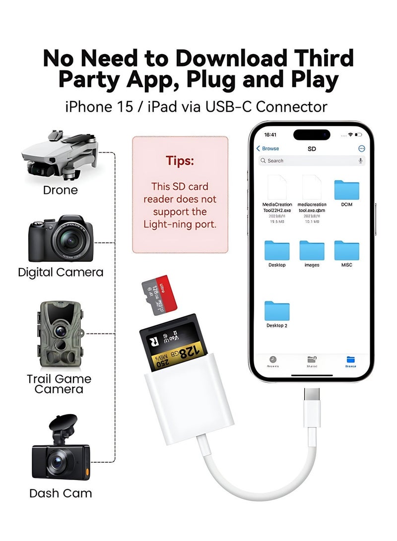 يو إس بي USB C SD Card Reader for iPhone 15 16/iPad/MacBook/Mac, xdgeLoad USB-C Type C SD Reader Supports SD and MicroSD Memory Card Adapter, Trail Camera Viewer Plug and Play - 2 Slots - Image 3