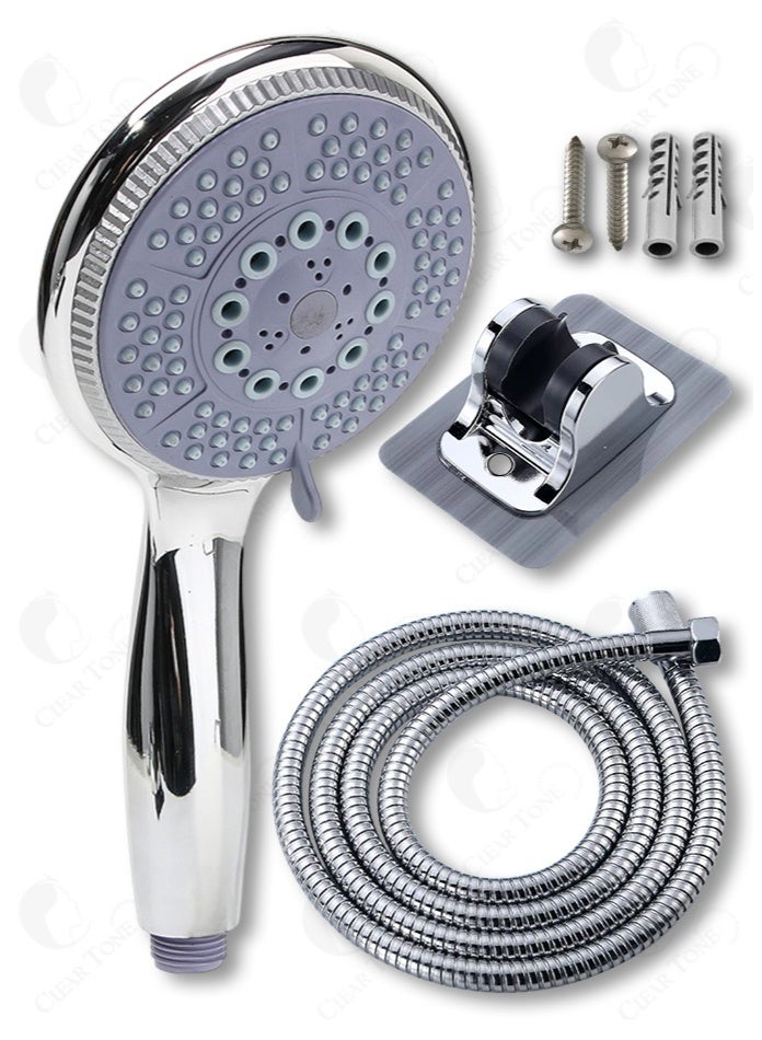 CLEAR TONE Shower Head with 5 Functions | ABS Chrome Round Hand Shower Set With Wall Mount & 1.5m Hose | Water Saving Hot & Cold Mixer for Modern Bathroom - Image 1