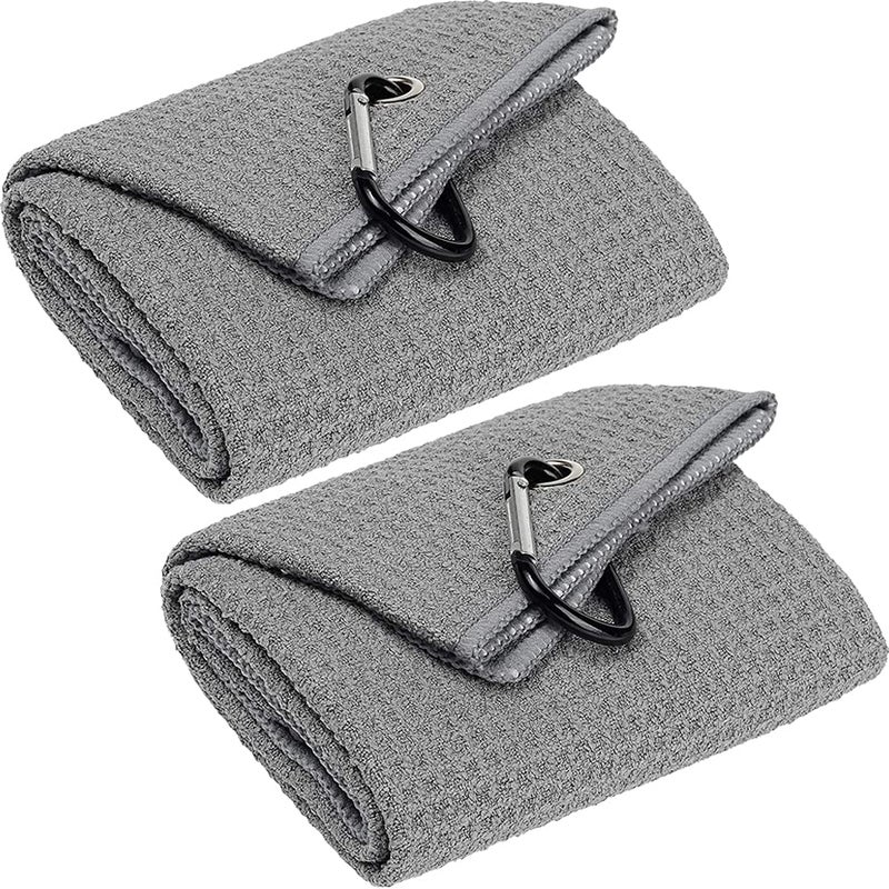 VIVIDLY VIVIDLY 2 Pack 16 x 24 Trifold Golf Towels Premium Microfiber Fabric Waffle Pattern with Gray Heavy Duty Carabiner Clip Orange Golf Towels for Golf Bags for Men Gray