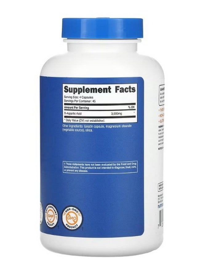 Nutricost حمض الأسبارتيك د 3000 مجم 180 كبسولة 750 مجم لكل كبسولة  - Image 2