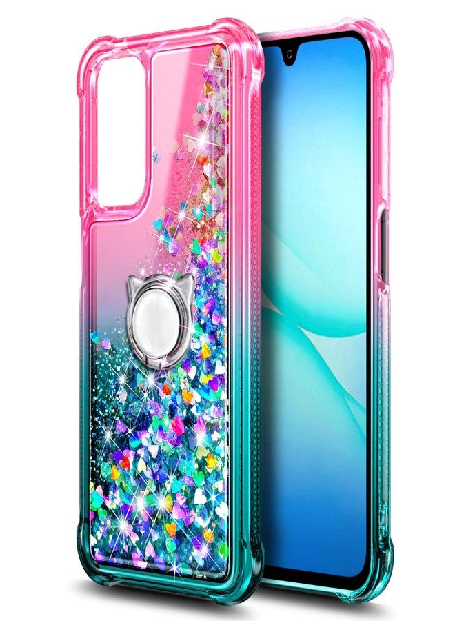 WDHD Designed for Samsung Galaxy A26 5G Case, Glitter Floating Liquid Waterfall Girls Women Cute Phone Case with Ring Holder Grip & Diamond Wrist Strap Lanyard (Pink/Aqua) - Image 3