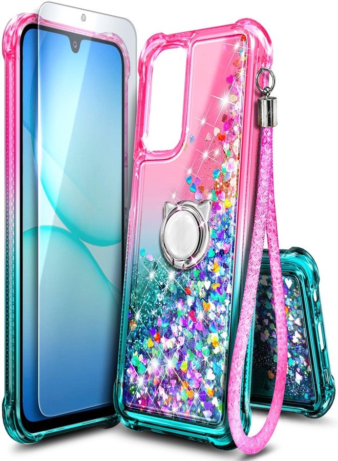WDHD Designed for Samsung Galaxy A26 5G Case, Glitter Floating Liquid Waterfall Girls Women Cute Phone Case with Ring Holder Grip & Diamond Wrist Strap Lanyard (Pink/Aqua) - Image 1