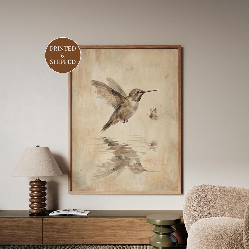 TNESSENTIAL Hummingbird and Butterfly Wall Art, Vintage Reflection Print in Warm Beige, Wabi Sabi Nature Poster for Entryway Decor - Image 1