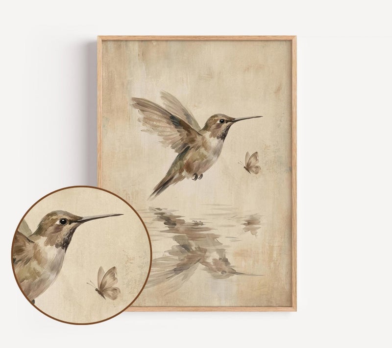 TNESSENTIAL Hummingbird and Butterfly Wall Art, Vintage Reflection Print in Warm Beige, Wabi Sabi Nature Poster for Entryway Decor - Image 5