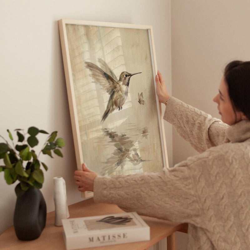 TNESSENTIAL Hummingbird and Butterfly Wall Art, Vintage Reflection Print in Warm Beige, Wabi Sabi Nature Poster for Entryway Decor - Image 2