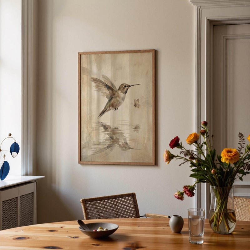 TNESSENTIAL Hummingbird and Butterfly Wall Art, Vintage Reflection Print in Warm Beige, Wabi Sabi Nature Poster for Entryway Decor - Image 3