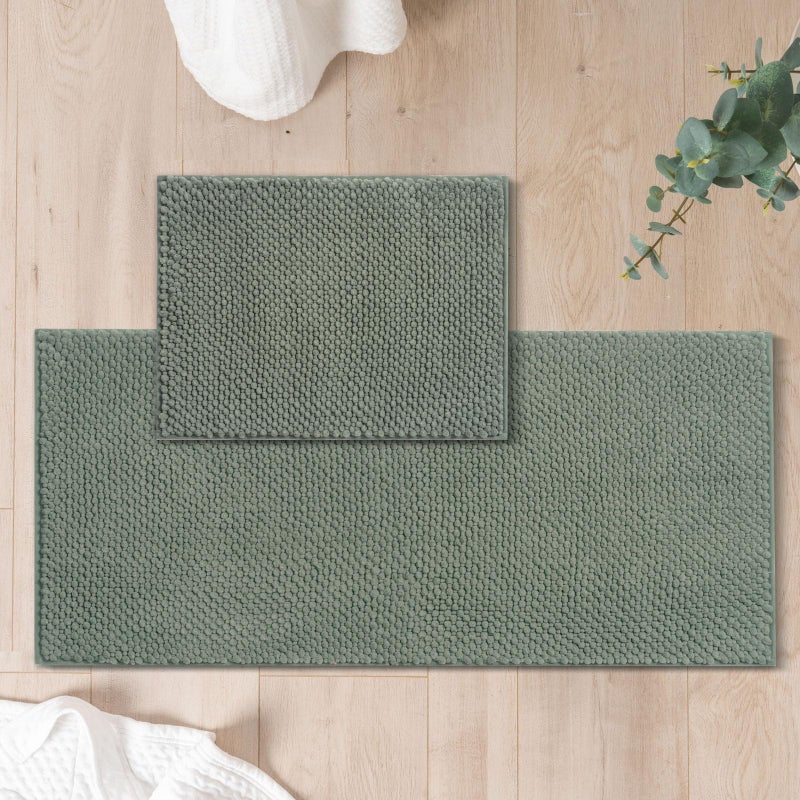 FRESHMINT Chenille Bathroom Rugs Set - 2 Piece 17"x24" + 20"x47", Non-Slip Bath Mats, Water Absorbent, Washable Shower Floor Mat, Sage Green - Image 1