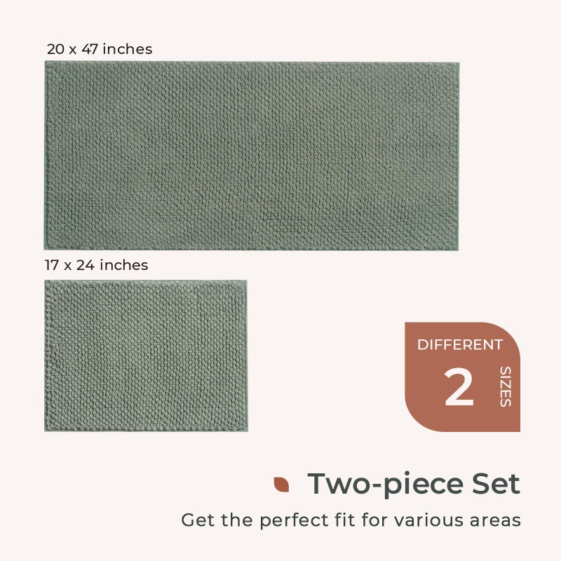 FRESHMINT Chenille Bathroom Rugs Set - 2 Piece 17"x24" + 20"x47", Non-Slip Bath Mats, Water Absorbent, Washable Shower Floor Mat, Sage Green - Image 5