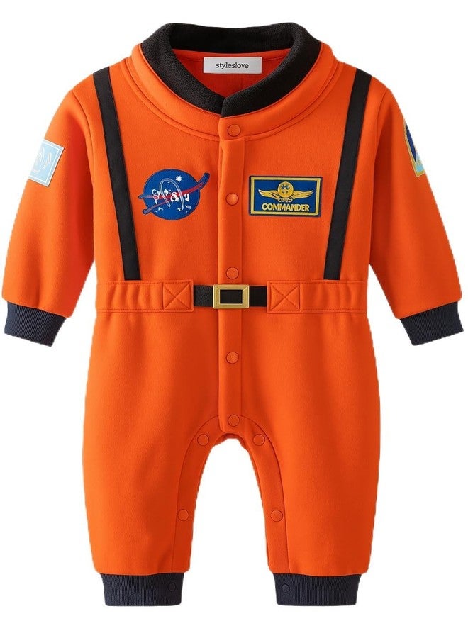 stylesilove Baby Toddler Boy Orange Astronaut Fleece Long Sleeve Jumpsuit (Orange, 12-18 Months) - Image 1