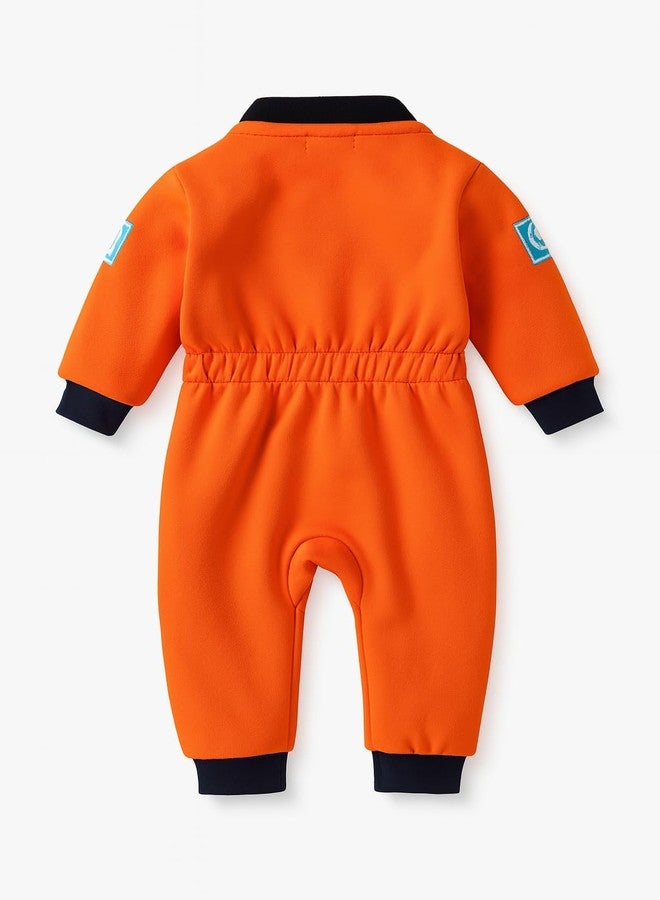 stylesilove Baby Toddler Boy Orange Astronaut Fleece Long Sleeve Jumpsuit (Orange, 12-18 Months) - Image 2