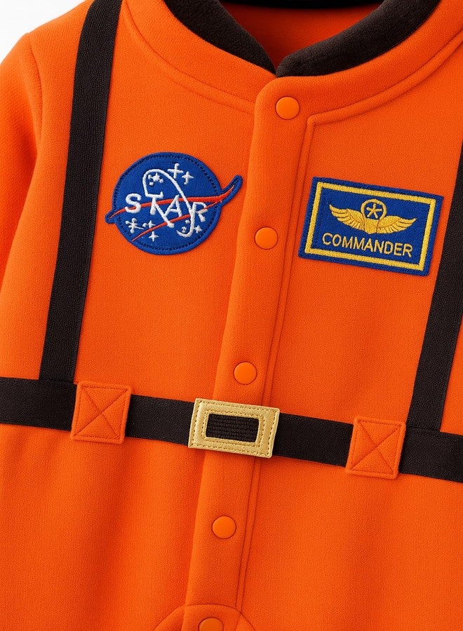 stylesilove Baby Toddler Boy Orange Astronaut Fleece Long Sleeve Jumpsuit (Orange, 12-18 Months) - Image 3