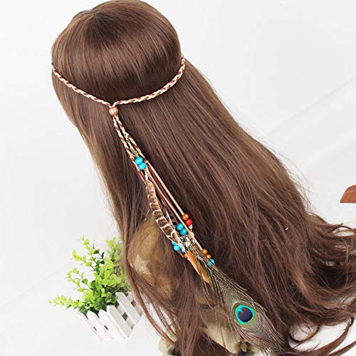 WLBON Feather Boho Hippie Indian Boho Hair Bands Tassel Bohemian Halloween Headdress Crown Women's Party Decoration Cosplay Costume Handmade Headpiece Accessories Peacock - Image 2