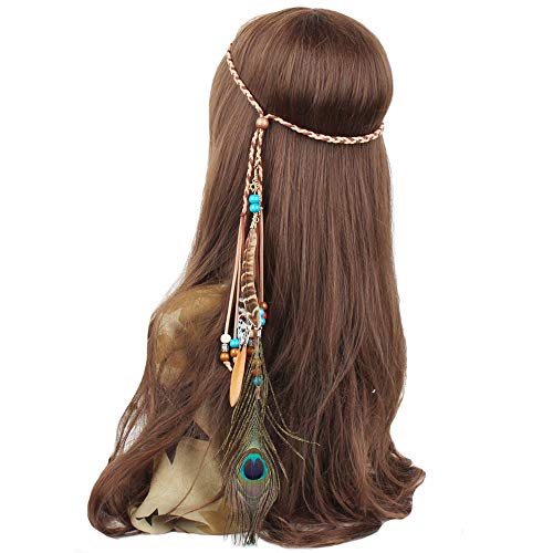 WLBON Feather Boho Hippie Indian Boho Hair Bands Tassel Bohemian Halloween Headdress Crown Women's Party Decoration Cosplay Costume Handmade Headpiece Accessories Peacock - Image 1