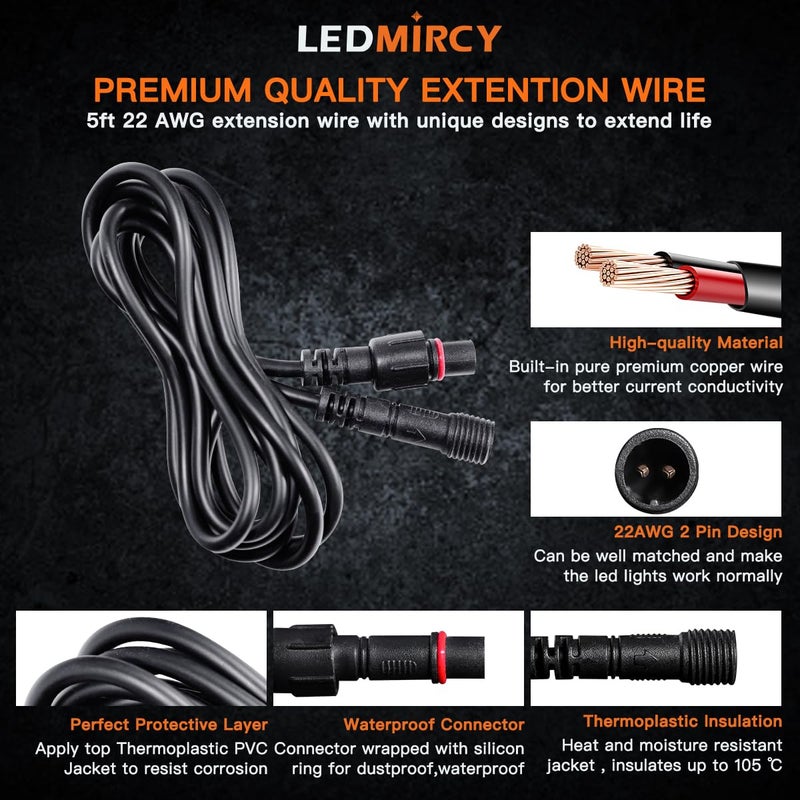 Ledmircy Led Rock Lights Extension Cable Wire Cord 2Pin Waterproof 4Pcs 5Ft 22Awg With Male To Female Connectors 11Mm Nut Size For Wheel Lights Spot Flood Light Driving Fog Lights For Jeep Truck - Image 4