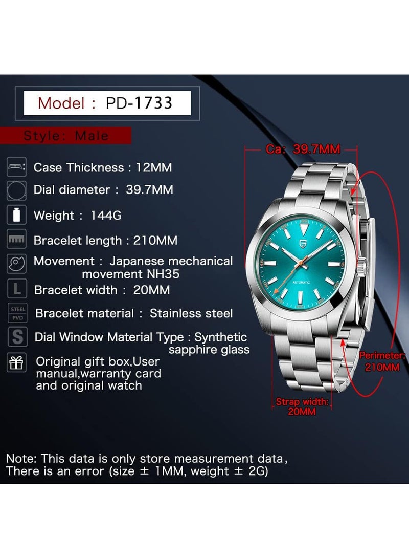 New Men's Mechanical Watches, 39.7MM Metal Frame, Imported NH35 Movement, Silver-Black Watch Head, Sapphire Glass Surface, Stainless Steel Silver Strap PD1733