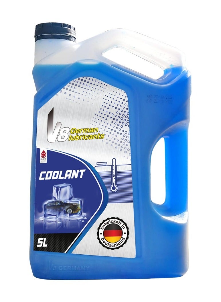 في 8 للزيوت المعدنية سائل تبريد الردياتير الأزرق من V8 German Lubricant – سعة 5 لتر | مضاد تجمد عالي الأداء | حماية المحرك من الحرارة الزائدة والتآكل | مناسب لجميع المركبات - Image 1