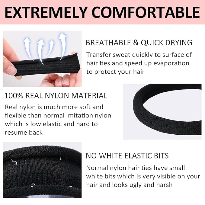 RIANZ Pack of 10 Black No Damage Hair Ties for Thick Hair, Large Soft Seamless Nylon Fabric Elastic Hair Bands - Image 3