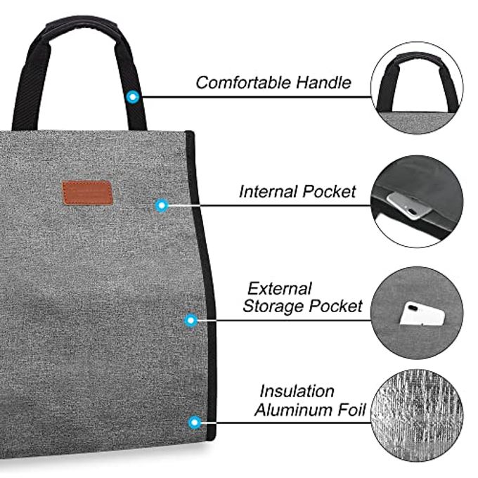Femuar Lunch Bags for Women Insulated Reusable Lunch Tote with Internal Pocket, Lunch Tote bag for Work (Grey - Image 3
