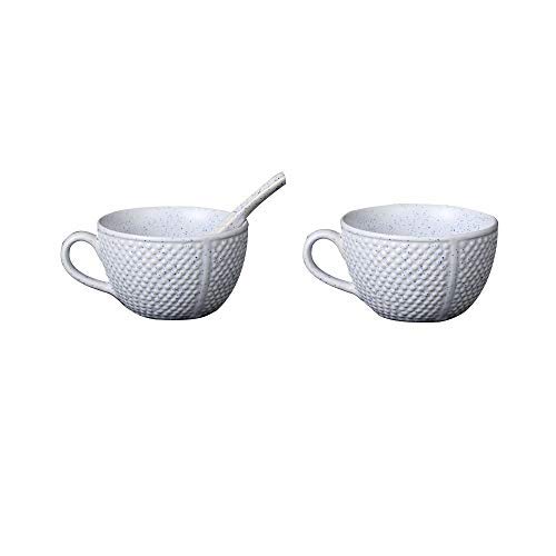 Caffeine Ceramic Handmade White Bubble Single Handled Soup Bowl with Spoon (Set of 2) - Image 1
