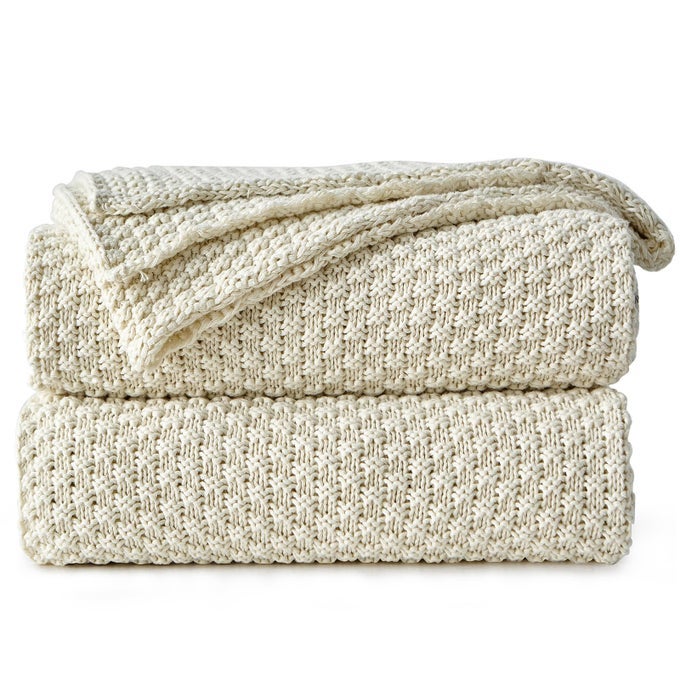 CREAM KNITTED THROW BLANKET FOR COUCH SOFT COZY MACHINE WASHABLE 100 COTTON SOFA KNIT BLANKETS HEAVY 30LB WEIGHT 51 X 63 INCHES BEIGE COLOR