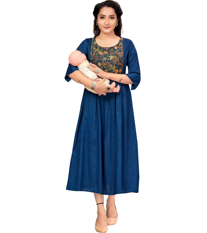 RITIJYA Feeding Kurtis for Women with Zip in Cotton Rayon | Maternity Gown Pregnancy Dress for Nursing Mothers | Maternity Wear Feeding Dress Tops (3XL, Blue,9063_46) - Image 1