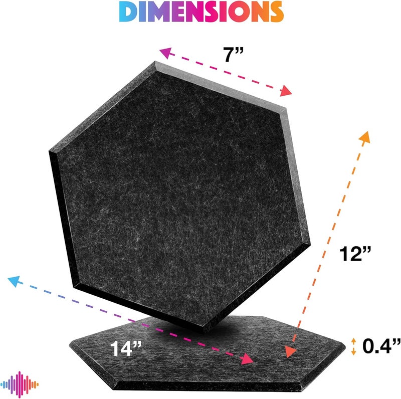 Sonic Acoustics حزمة من 12 لو��ة صوتية هكسائية من ، مقاسات 14" × 12" × 0.4"، عالية الكثافة، تمتص الصوت، عازلة للصوت، بحواف مائلة، للاستخدام في الاستوديوهات، لون أسود - Image 4