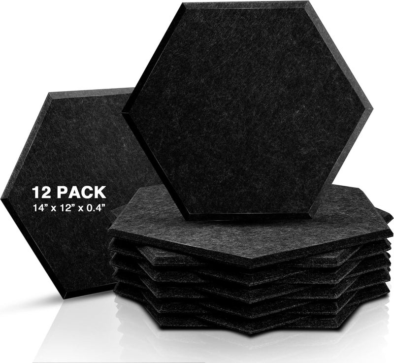 Sonic Acoustics حزمة من 12 لو��ة صوتية هكسائية من ، مقاسات 14" × 12" × 0.4"، عالية الكثافة، تمتص الصوت، عازلة للصوت، بحواف مائلة، للاستخدام في الاستوديوهات، لون أسود - Image 1