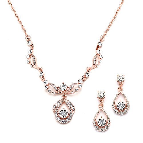Mariell Rose Gold Vintage Crystal Necklace and Earrings Wedding Jewelry Set for Brides, Bridesmaids, Prom - Image 1