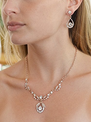 Mariell Rose Gold Vintage Crystal Necklace and Earrings Wedding Jewelry Set for Brides, Bridesmaids, Prom - Image 3