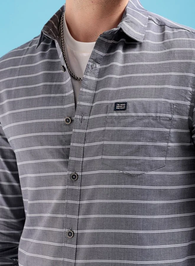 شركة المرآب الهندية Men Slim Fit Striped Full Sleeves Cutaway Collar Casual Shirt