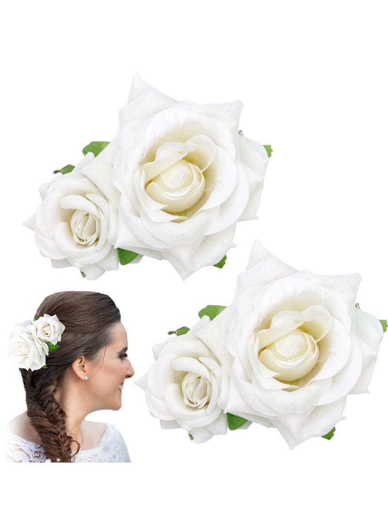 SOLARAE Flannel Rose Hair Clip, Flower Hair Pins Bridesmaid Flower Hiar Clips Bridal Hair Accessories for Women, Wedding, Party (2PCS, White) - Image 1