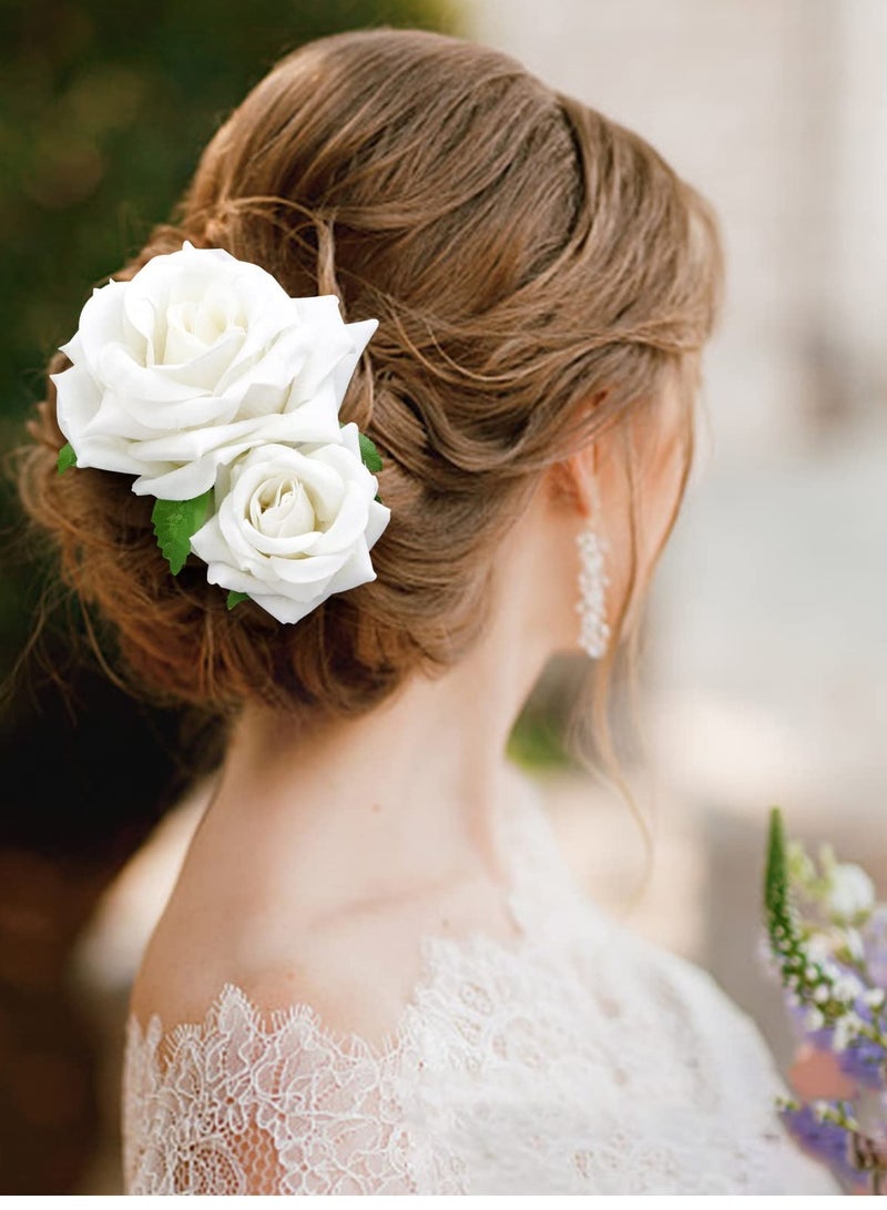 SOLARAE Flannel Rose Hair Clip, Flower Hair Pins Bridesmaid Flower Hiar Clips Bridal Hair Accessories for Women, Wedding, Party (2PCS, White) - Image 4