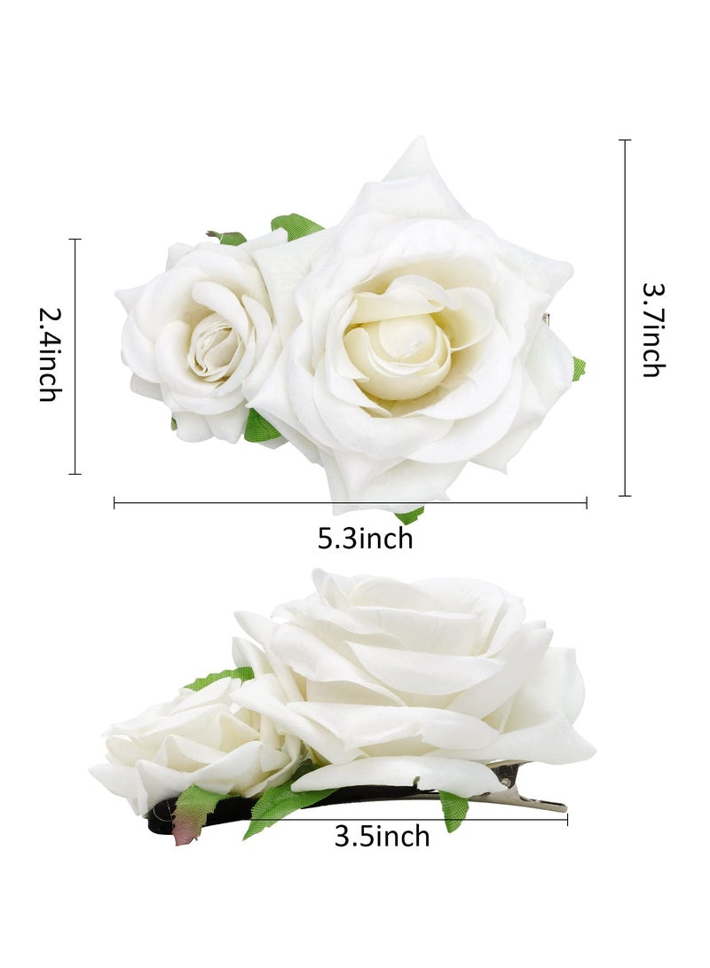 SOLARAE Flannel Rose Hair Clip, Flower Hair Pins Bridesmaid Flower Hiar Clips Bridal Hair Accessories for Women, Wedding, Party (2PCS, White) - Image 2