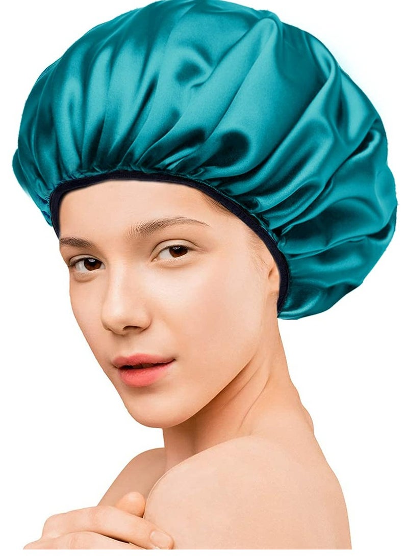 إسكدنيا قبعة استحمام كبيرة جدًا ثلاثية الطبقات للاستحمام، قماش تيري من الألياف الدقيقة والساتان الحريري، مقاوم للماء وقابل لإعادة الاستخدام، قبعة استحمام خضراء - Image 3