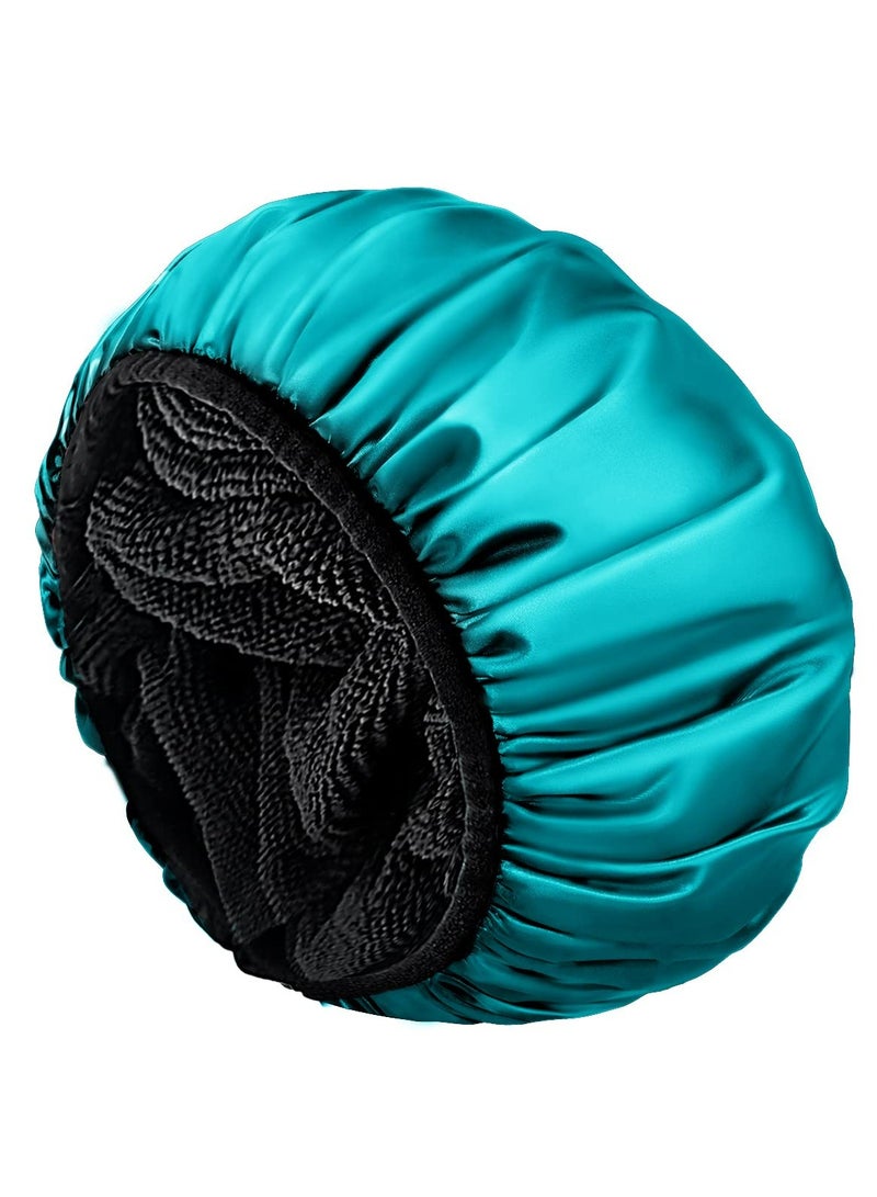 إسكدنيا قبعة استحمام كبيرة جدًا ثلاثية الطبقات للاستحمام، قماش تيري من الألياف الدقيقة والساتان الحريري، مقاوم للماء وقابل لإعادة الاستخدام، قبعة استحمام خضراء - Image 1