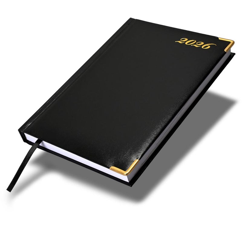 FIS 2026 International A5 Diary, 148x210mm, 1 Side Padded Vinyl Cover, Golden Corner, 1 Day a Page Format, 7 Multi Languages, 60gsm White Paper, Black Cover - FSDI136-7G26BK - Image 1