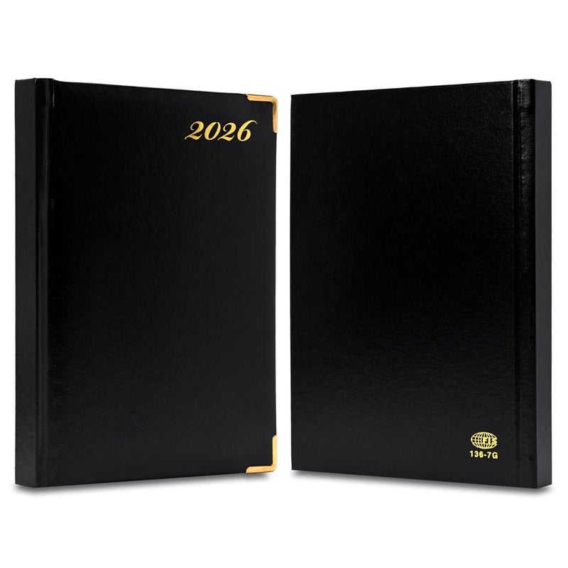 FIS 2026 International A5 Diary, 148x210mm, 1 Side Padded Vinyl Cover, Golden Corner, 1 Day a Page Format, 7 Multi Languages, 60gsm White Paper, Black Cover - FSDI136-7G26BK - Image 2
