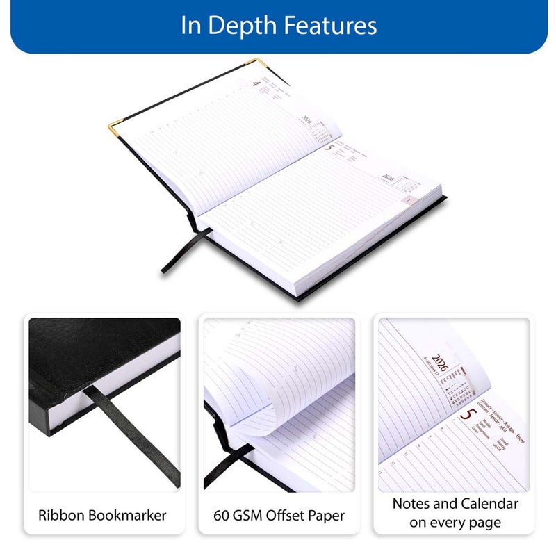 FIS 2026 International A5 Diary, 148x210mm, 1 Side Padded Vinyl Cover, Golden Corner, 1 Day a Page Format, 7 Multi Languages, 60gsm White Paper, Black Cover - FSDI136-7G26BK - Image 5