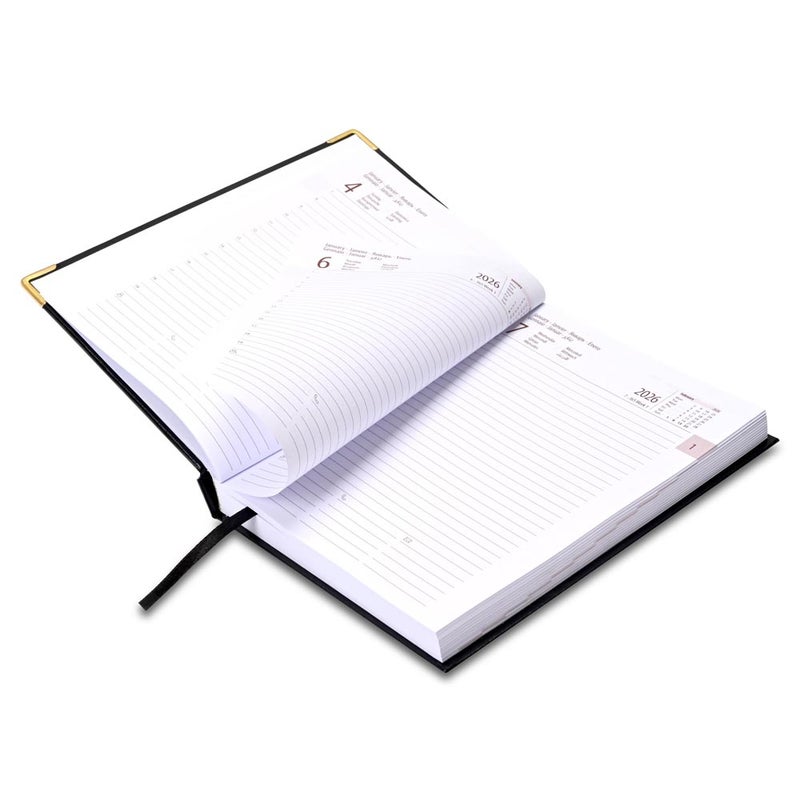 FIS 2026 International A5 Diary, 148x210mm, 1 Side Padded Vinyl Cover, Golden Corner, 1 Day a Page Format, 7 Multi Languages, 60gsm White Paper, Black Cover - FSDI136-7G26BK - Image 4