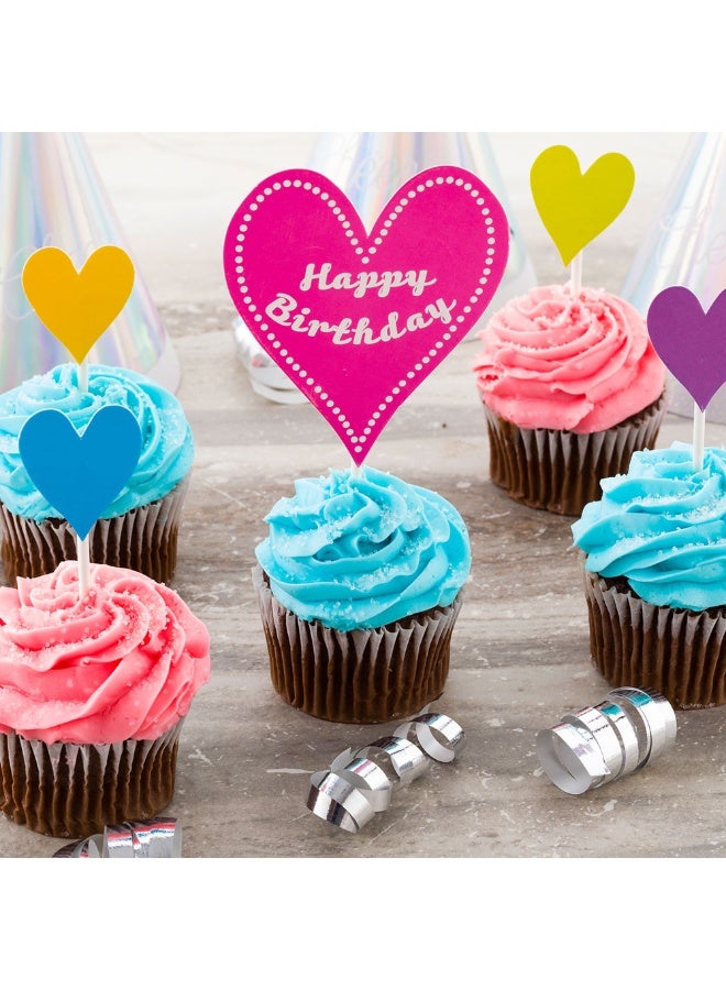 Restaurantware Top Cake 6.3 x 3 Inch Happy Birthday Cupcake Topper, 10 Piece Assorted Happy Birthday Cupcake Picks - Colorful, Birthday Party Cake Decoration Supplies, Paper Heart Cupcake Toppers  - Image 3