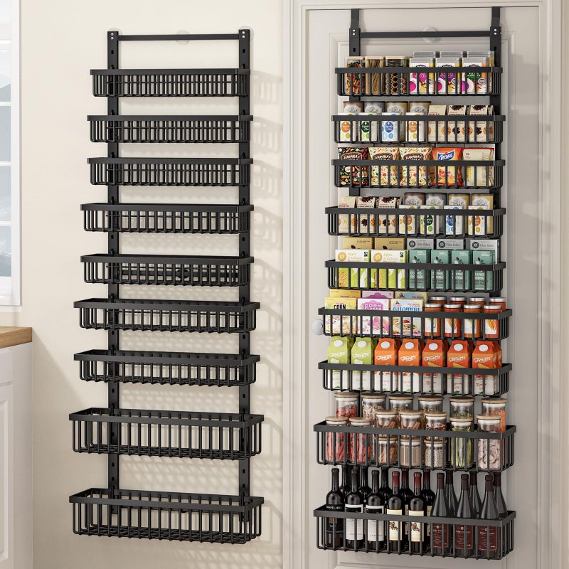 POKIPO 9 Tier Over The Door Pantry Organizer, 2 in 1 Wall Mount or Hanging Spice Rack with Adjustable Basket, Seasoning Organizer and Storage for Kitchen Cabinet Closet Bathroom - Image 1