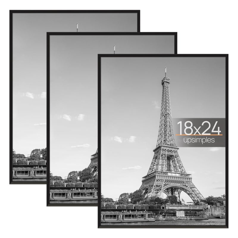 upsimples 18x24 Picture Frame Black 3 Pack, Scratch-Proof Poster Frames 18 x 24 for Photo Gallery - Slide-In Strips, Horizontal or Vertical Wall Mounting - Image 1