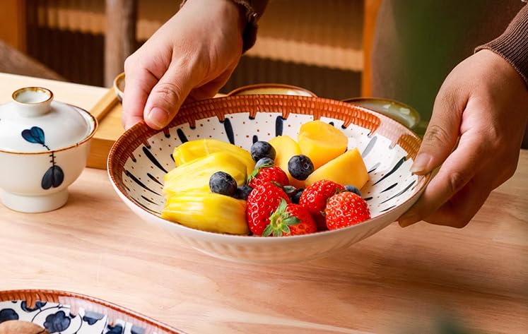 Agabani Japanese Asian Cuisine Dinner Set, Bowls Serving for Pasta, Salad, Noodle, Dessert, Oatmeal, Rice, Snack, Soup White and Blue Porcelain Bowls for Kitchen, Dinner Bowl Set of 6(2plate+4bowl) - Image 5